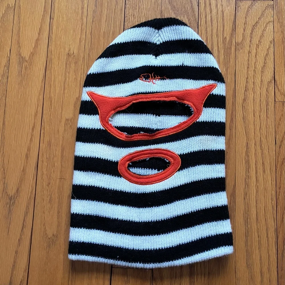 Striped Black and White Balaclava with Red Accents